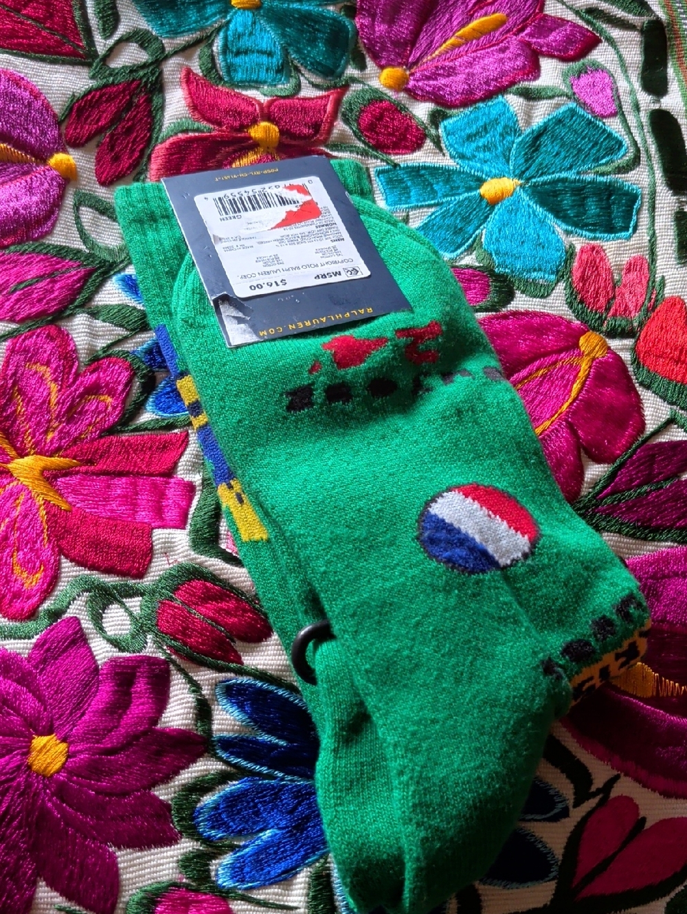 Ralph Lauren Green 'Love Peace' Graphic Crew Socks with Multicolor Accents - Picture 5 of 6